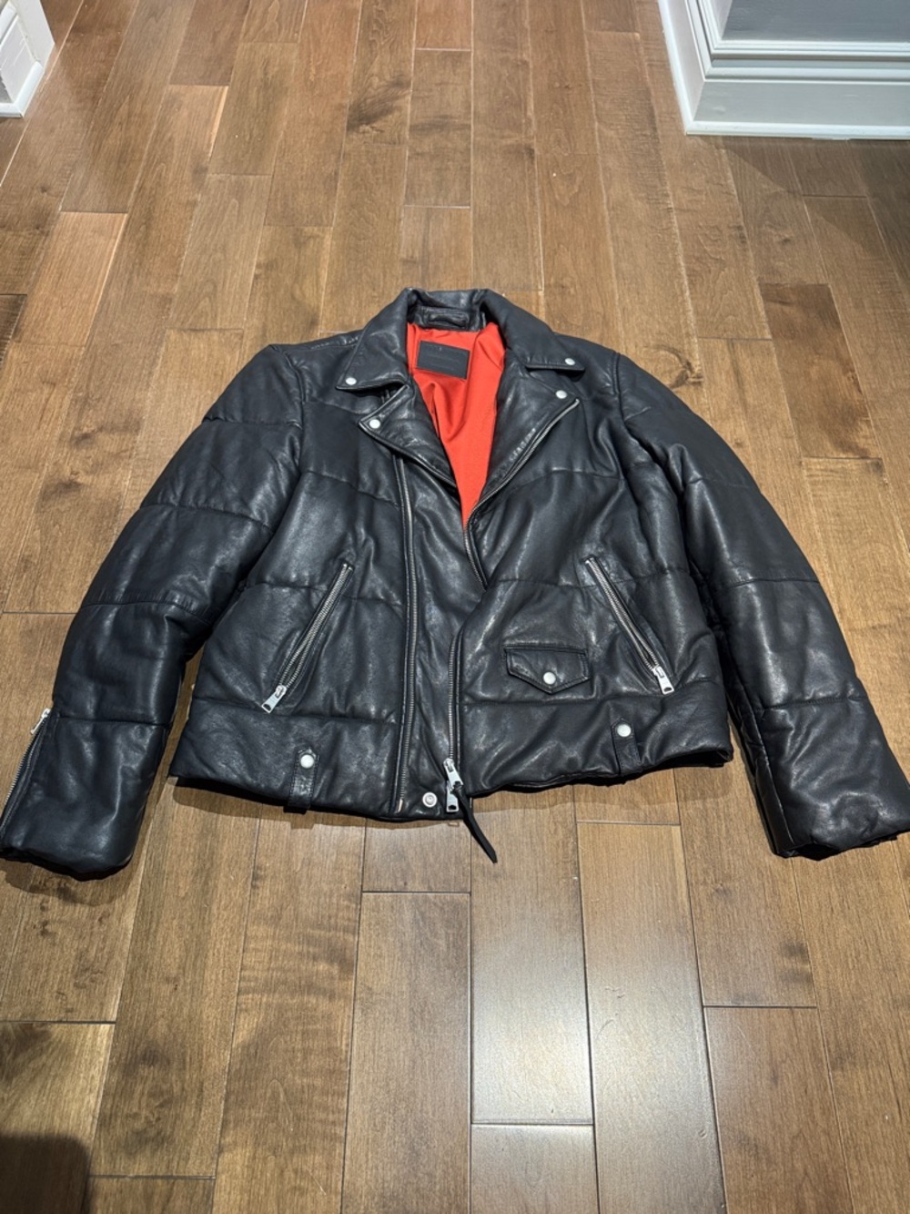 AllSaints Black Quilted Leather Moto Jacket with Red Lining - Picture 1 of 4